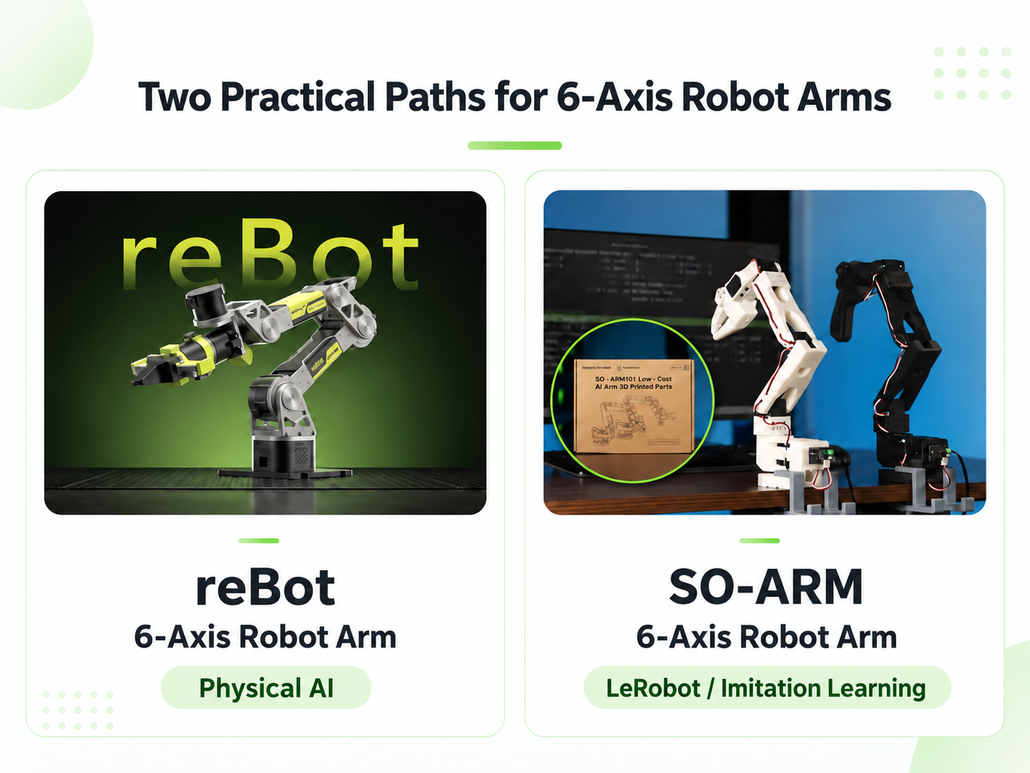 Seeed Studio reBot and SO-ARM robotic arm platforms for Physical AI, LeRobot, teleoperation, and imitation learning.