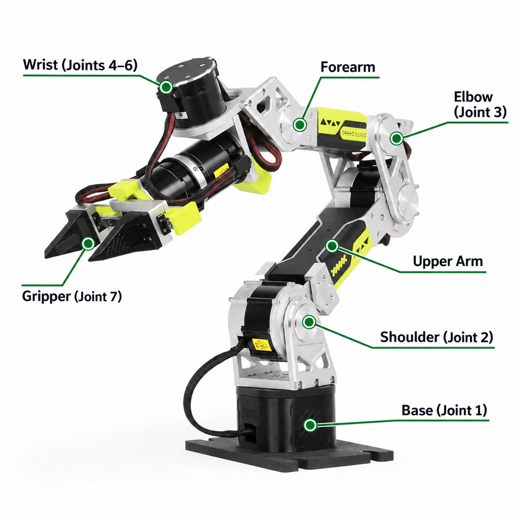 Seeed Studio reBot robotic arm with labeled base, shoulder, elbow, wrist joints, and independently actuated gripper.