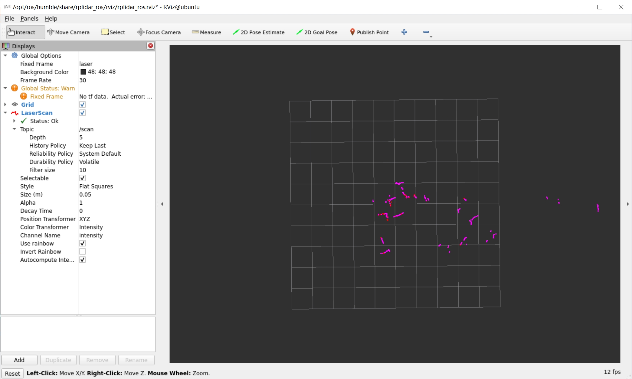 RPLIDAR A1 laser scan displayed in RViz using the laser coordinate frame.