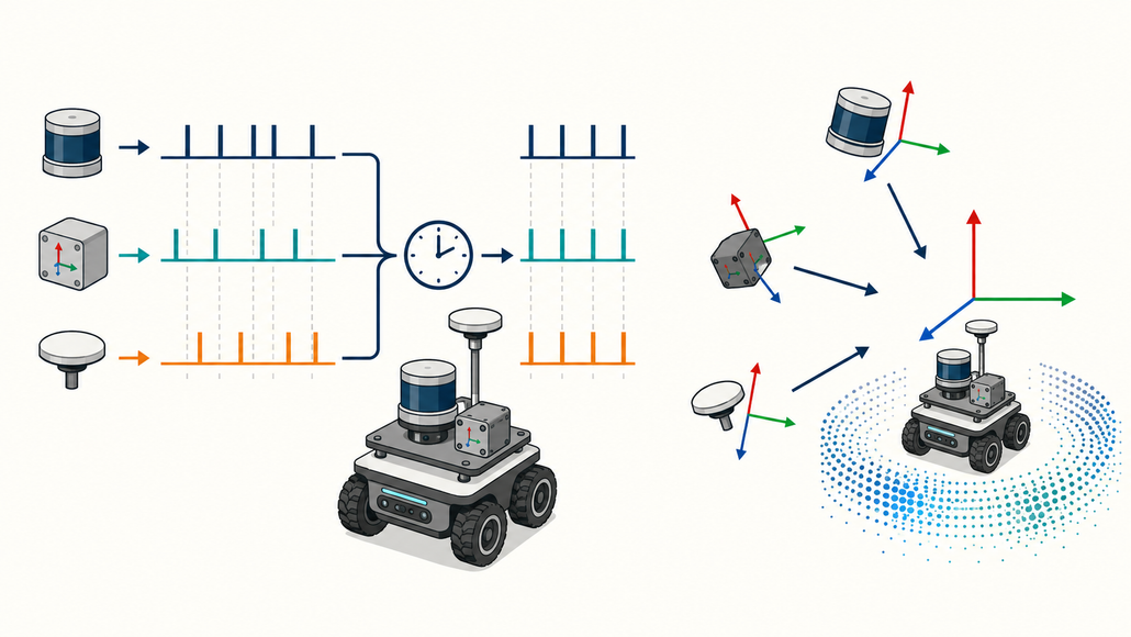 Diagram illustrating sensor time synchronization and coordinate transformations between sensors and the robot body.
