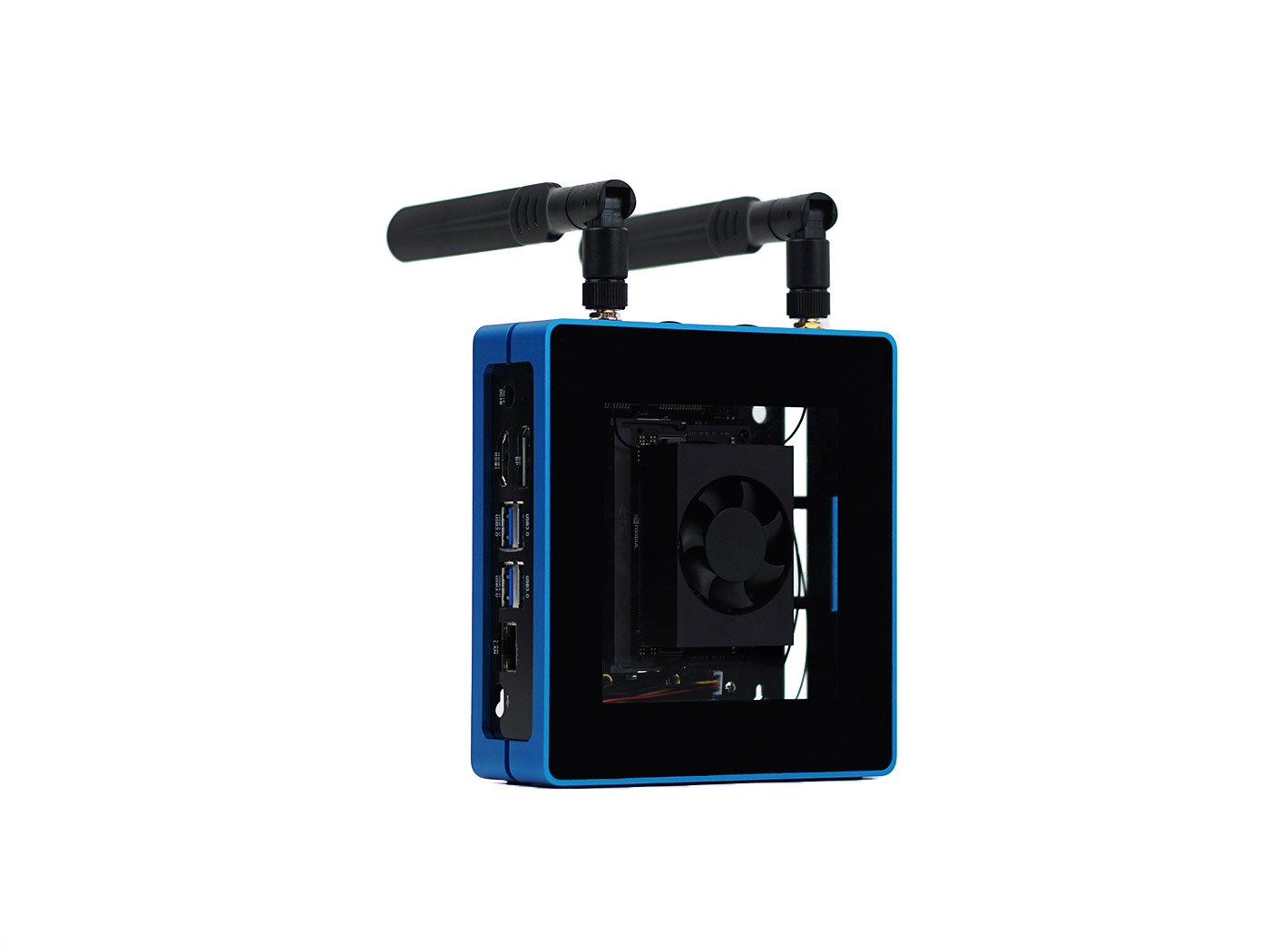 [102110637]Jetson SUB Mini PC-Blue with Jetson Xavier NX module, Aluminium case with cooling fan, 128GB SSD, WiFi, Antennas and pre-installed JetPack System