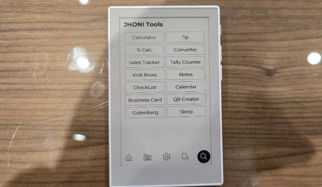 A distraction-free e-reader with calculators, lists, calendar notes, QR tools, sales tracking, Gutenberg, and more.