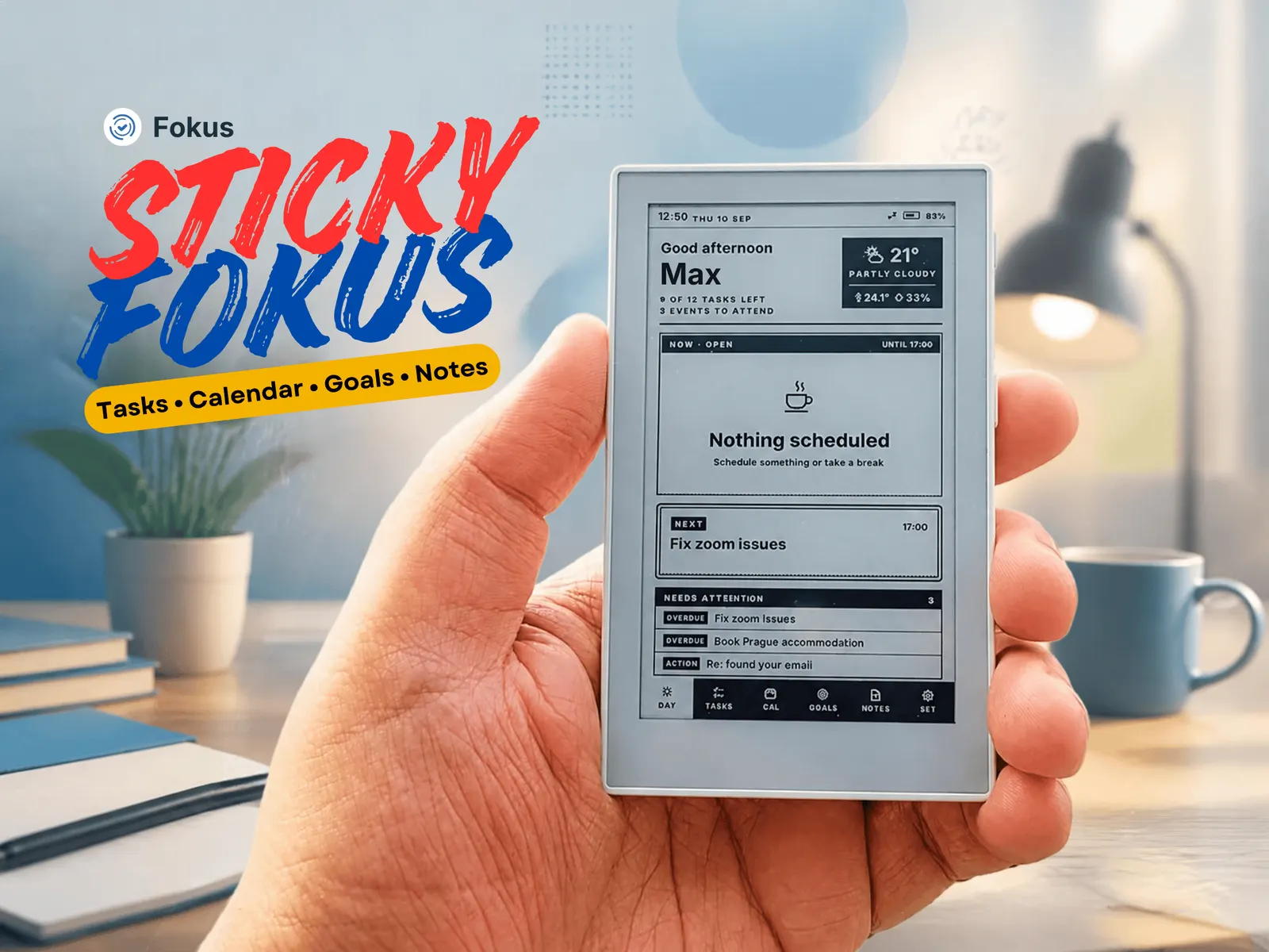 Distraction-free Fokus companion: today's plan, tasks, calendar, goals and notes, with one-press voice capture. Needs a Fokus account.
