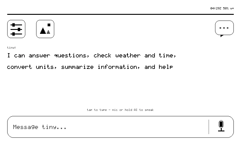tiny's home screen on reTerminal Sticky — the real 800×480 framebuffer with the agent conversation canvas, glance cluster and message bar